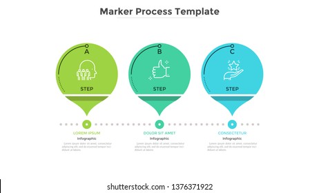 Horizontal diagram with 3 round markers or pointers. Concept of three stages of business development process. Flat infographic design template. Modern vector illustration for progress bar, timeline.