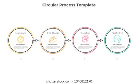 Horizontal diagram with 4 circular elements connected by arrows. Concept of four successive stages of marketing strategy. Linear infographic design template. Vector illustration for progress bar.