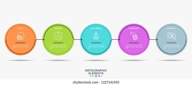 Horizontal diagram with 4 round elements connected by arrows. Vector illustration in minimalistic style for business presentation, visualization of successive steps of startup project development.