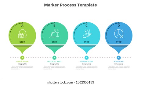 Horizontal diagram with 4 round markers or pointers. Concept of four stages of business development process. Flat infographic design template. Modern vector illustration for progress bar, timeline.