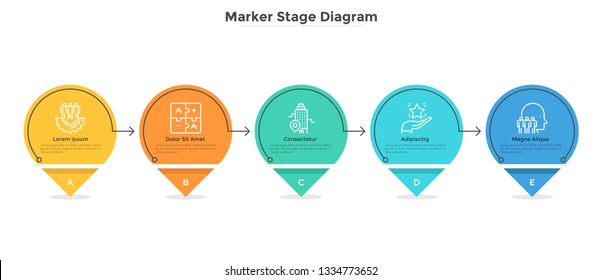 Horizontal diagram with 5 colorful rounded elements, marks or pins. Concept of five steps of business project development. Infographic design template. Flat vector illustration for presentation.