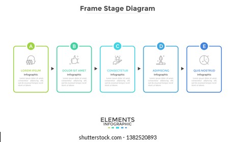 Horizontal diagram with 5 rectangular frames connected by arrows. Concept of five strategic steps of company's development. Simple infographic design template. Vector illustration for presentation.
