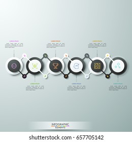 Horizontal diagram, 6 circles connected by zigzag lines with arrow signs, pictograms and text boxes. Concept of business strategic development. Unique infographic design layout. Vector illustration.