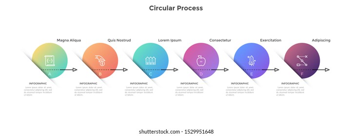Horizontal diagram with 6 gradient colored round elements connected by arrows. Concept of six steps of project development. Flat infographic design template. Vector illustration for progress bar.