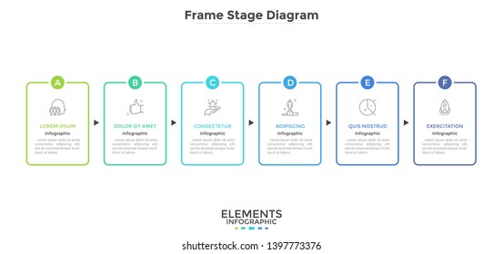Horizontal diagram with 6 rectangular frames connected by arrows. Concept of six strategic steps of company's development. Simple infographic design template. Vector illustration for presentation.
