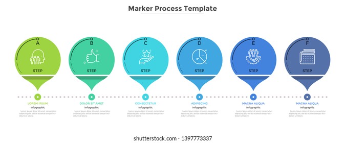 Horizontal diagram with 6 round markers or pointers. Concept of six stages of business development process. Flat infographic design template. Modern vector illustration for progress bar, timeline.