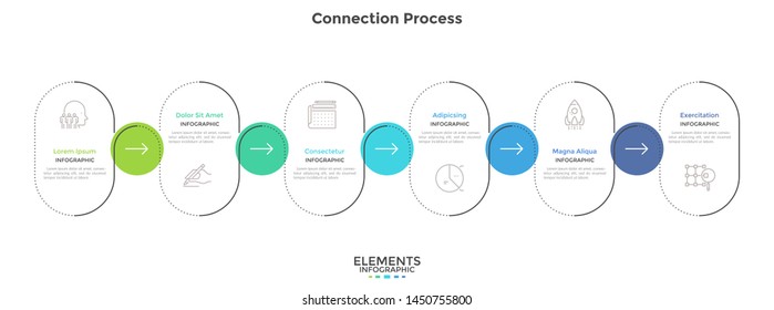 Diagrama horizontal con 6 elementos redondeados conectados por flechas. Visualización del proceso de negocios en seis fases. Plantilla de diseño gráfico simple. Ilustración vectorial lineal para la barra de progreso.