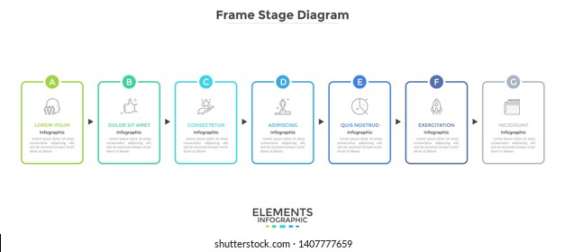 Horizontal diagram with 7 rectangular frames connected by arrows. Concept of seven strategic steps of company's development. Simple infographic design template. Vector illustration for presentation.