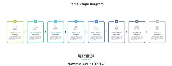 Horizontal diagram with 8 rectangular frames connected by arrows. Concept of eight strategic steps of company's development. Simple infographic design template. Vector illustration for presentation.