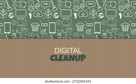 Horizontal digital cleanup banner with eco technology icons and striped text space, ideal for web headers, campaign visuals, and presentations. Responsible digital. March event. Vector illustration