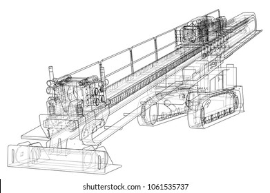 Horizontal directional drilling machine outlined vector rendering of 3d. The layers of visible and invisible lines are separated