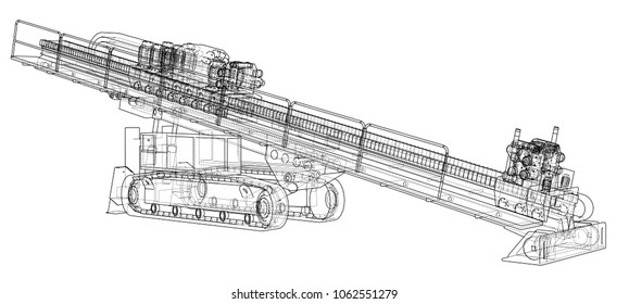 Horizontal directional drilling machine outlined vector rendering of 3d. The layers of visible and invisible lines are separated