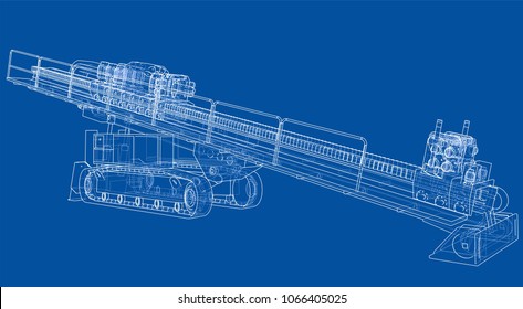 Horizontal directional drilling machine outlined vector rendering of 3d. The layers of visible and invisible lines are separated