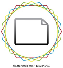Horizontal document sign illustration. Vector. Black icon with patch of light inside colorful hexagonal frames at white background.