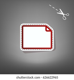 Horizontal document sign illustration. Vector. Red icon with for applique from paper with shadow on gray background with scissors.