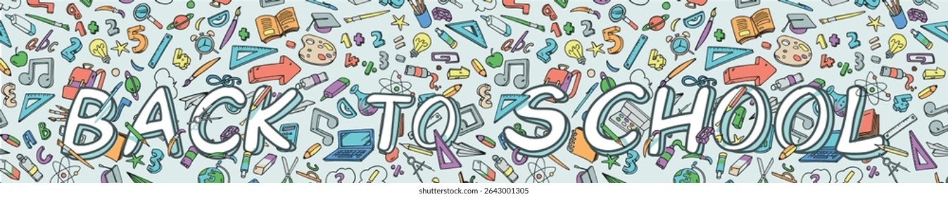 horizontal doodle cartoon set of School objects and symbols. vector illustration