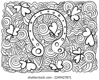 Horizontal doodle coloring book with good luck symbols - horseshoe and clover shamrocks, meditative colouring page for St. Patrick's Day vector illustration