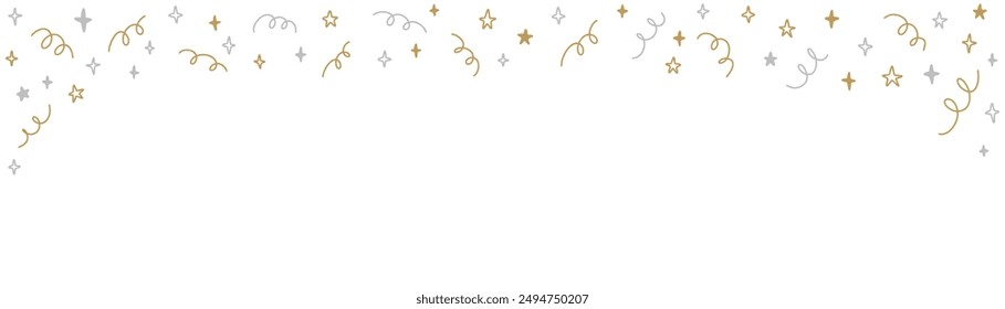 Horizontal doodle confetti background. Crayon hand drawn childish rectangle banner. Happy Birthday, Merry Christmas and happy new year golden greeting card. Streaming concept