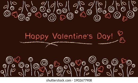 Horizontal double flower frame with hearts. Double border with space for text in centre.  Bright chalk strokes on dark brown backdrop. Botanical banner for Valentine's day design. Natural warm colors