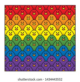 Horizontal Double Rows of Staring Cute Little Chicks in Rainbow Colours of the LGBT Pride Flag