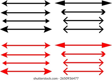Coleção mega de seta longa horizontal dupla lateral. conjunto de ícones de seta longa.  Semicircular curvo fino. seta longa dupla.. apresentação e educação. Setas longas retas
