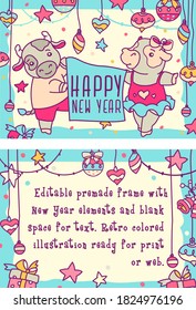 Horizontal double-sided New year frame with a cute silver bull, cow, and copy space. Greeting card. Vector cartoon illustration ready for print or web.