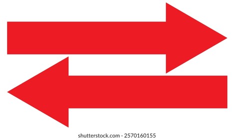 Horizontal dual long straight arrow signs. Red pointer, direction, position symbol and double arrow icon isolated on white background. Long two side arrow design eps 10 