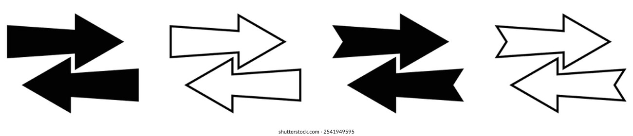 Horizontal dual tow side long straight arrow signs vector set. Direction, position symbol and double arrows icon isolated on transparent background.