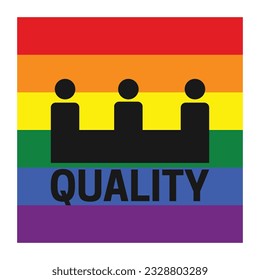 Horizontal E letter with dots above as people icon. Equality typographic design on pride flag. Pride month celebration vector illustration.