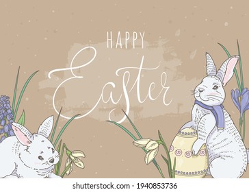 Horizontal Easter banner with bunnies, chickens and spring flowers
