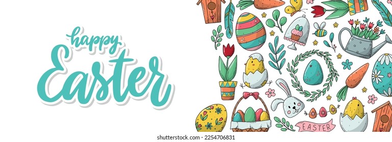 Horizontal Easter banner decorated with lettering quote and doodles on white background. Good for social media, leaflets, flyers, prints, cards, etc. EPS 10