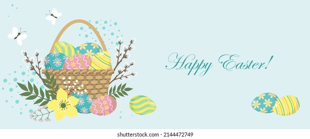 Pancarta horizontal de Pascua con huevos de Pascua en una canasta y flores. Feliz Pascua. Imagen vectorial para banner, volante, afiche, postal.