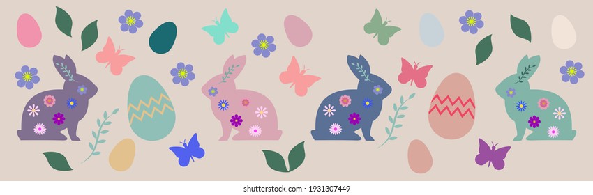 Horizontal Easter banner with pastel colour Easter bunnies, eggs, butterflies, and flowers