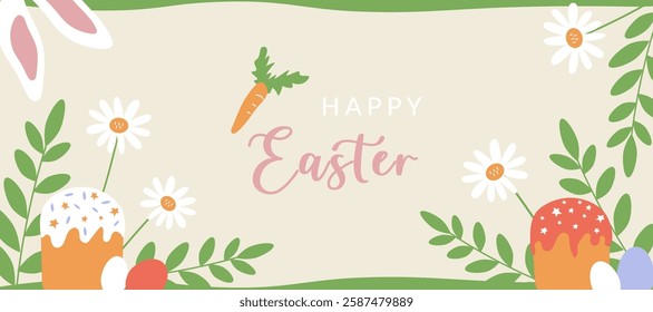 Horizontal Easter banner, vector festive design with cakes, colored eggs, daisies and rabbit ears. A template for an Easter card, a flyer, a frame with a place for text.