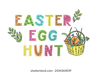 Horizontal Easter card in Scandinavian style. Slogan Easter Egg Hunt with basket with egg. Scandinavian color lettering with ornament, patterns in folk ethnic style. Good for poster, printout,