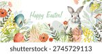 Horizontal Easter card with a watercolor bunny. Happy Easter. hand drawn. Not AI, Vector illustration.