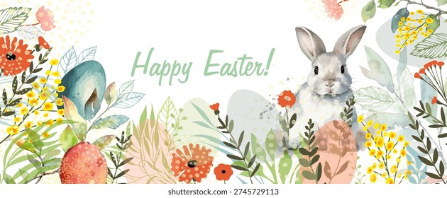 Horizontal Easter card with a watercolor bunny. Happy Easter. hand drawn. Not AI, Vector illustration.
