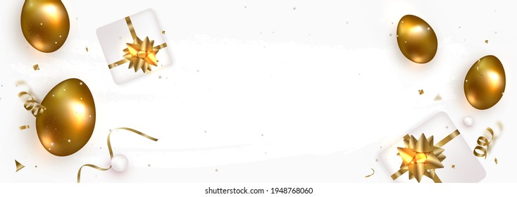 Horizontal Easter cover, banner template with realistic golden eggs, gift boxes. Greeting cards for Easter Day. Top view, flat lay. Easter holidays header for website. Vector