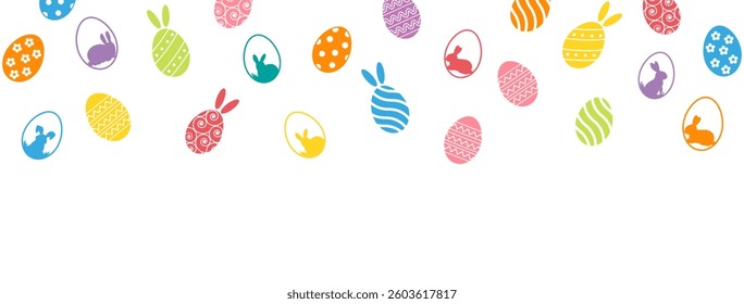 Horizontal easter eggs seamless border .Set of simple colorful eggs. Happy Easter seamless pattern or border. Easter decoration with painted eggs and rabbits. Happy Easter banner