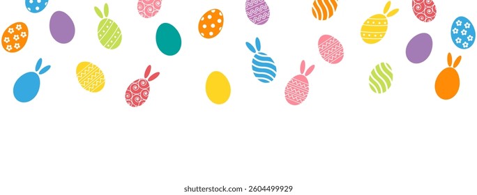 Horizontal easter eggs seamless border .Set of simple colorful eggs. Happy Easter seamless pattern or border. Easter decoration with painted eggs and rabbits. Happy Easter banner
