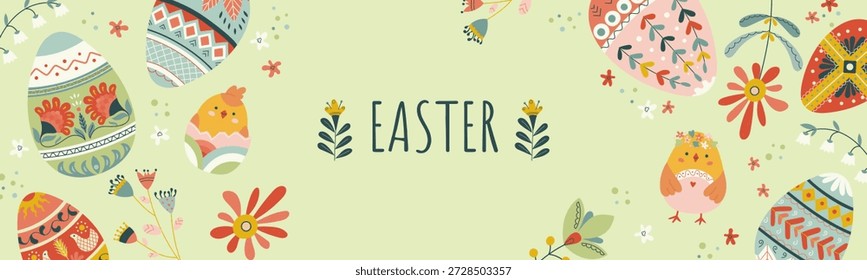 Horizontal Easter folk banner with hand drawn chicks, decorated eggs, floral ornaments. Festive design for spring celebration. Cute vector illustration for seasonal advertising, festive promotions
