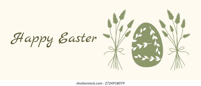 Horizontal Anuncio de felicitación de Pascua con huevo decorado, flores de primavera y plantas en estilo escandinavo