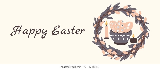 Horizontal Anuncio de felicitación de Pascua con corona floral, plato de huevos y velas en estilo escandinavo