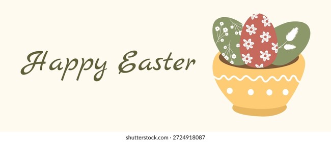 Horizontal Anuncio de felicitación de Pascua con plato de huevos decorados, Elementos florales en estilo escandinavo
