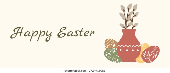 Horizontal Anuncio de felicitación de Pascua con florero, huevos decorados y Elementos florales en estilo escandinavo