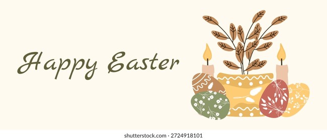 Horizontal Anuncio de felicitación de Pascua con jarrón, huevos y velas en estilo escandinavo