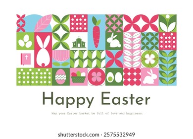 Horizontal Easter greeting card with traditional symbols. Geometric mosaic Easter banner, poster. Vector illustration