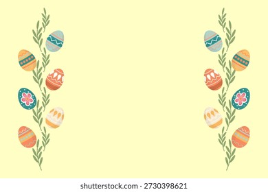 Horizontal Easter greeting card Yellow background Decorative ornaments of leafy branches Easter eggs along sides Perfect for spring greetings, invitations, banners, festive designs Copy space