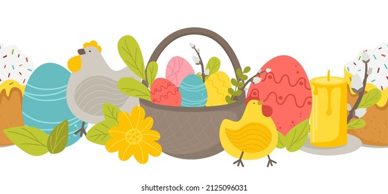 Horizontal Easter pattern with willow, multicolored eggs, cake and chicken on a white background. Vector illustration in flat style