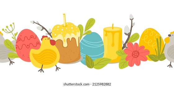 Horizontal Easter pattern with willow, multicolored eggs, cake and chicken on a white background. Vector illustration in flat style